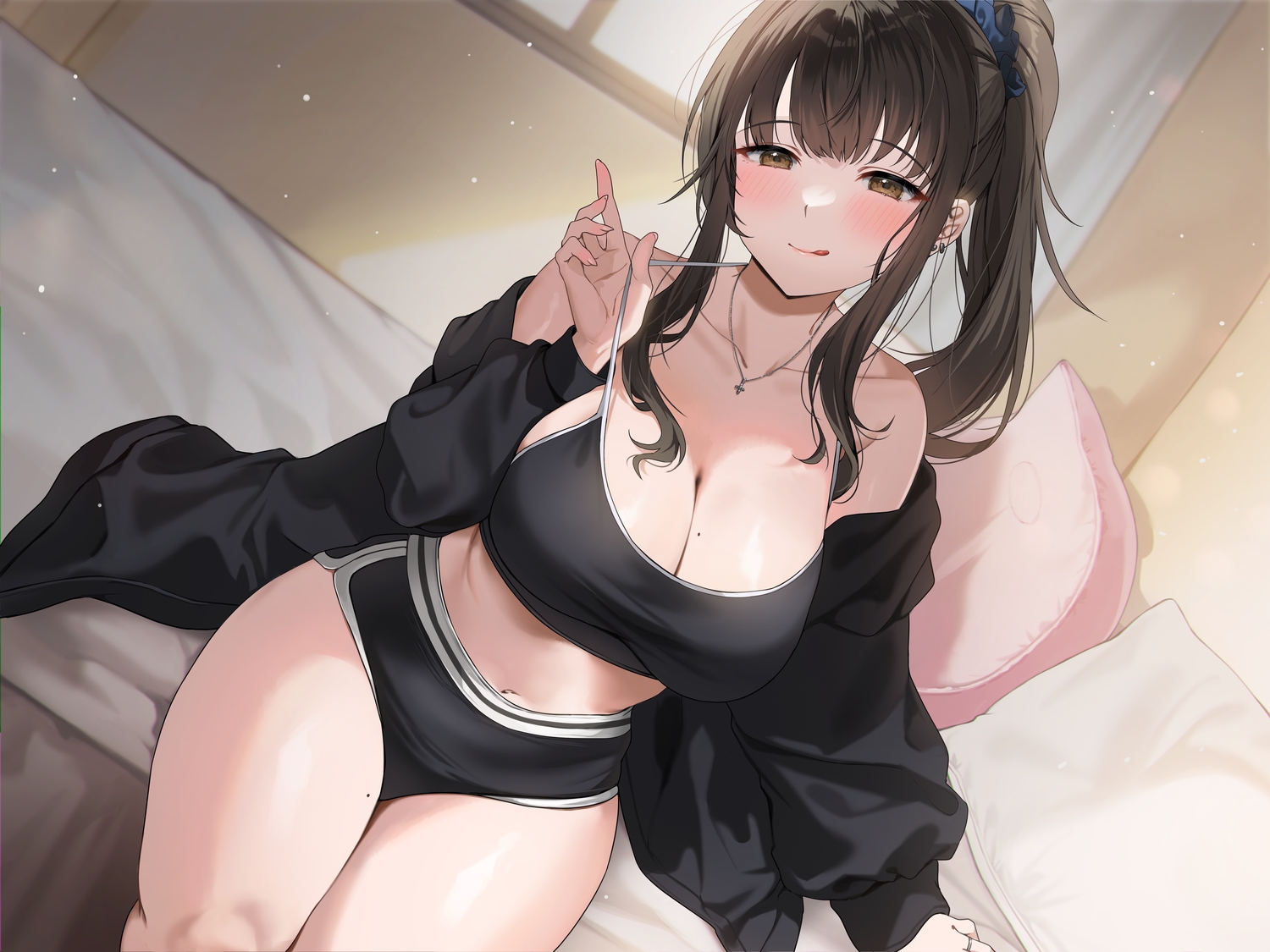 bed, black_hair, blush, breasts, brown_eyes, cleavage, gijang, hood, long_hair, navel, necklace, original, ponytail, sports_bra