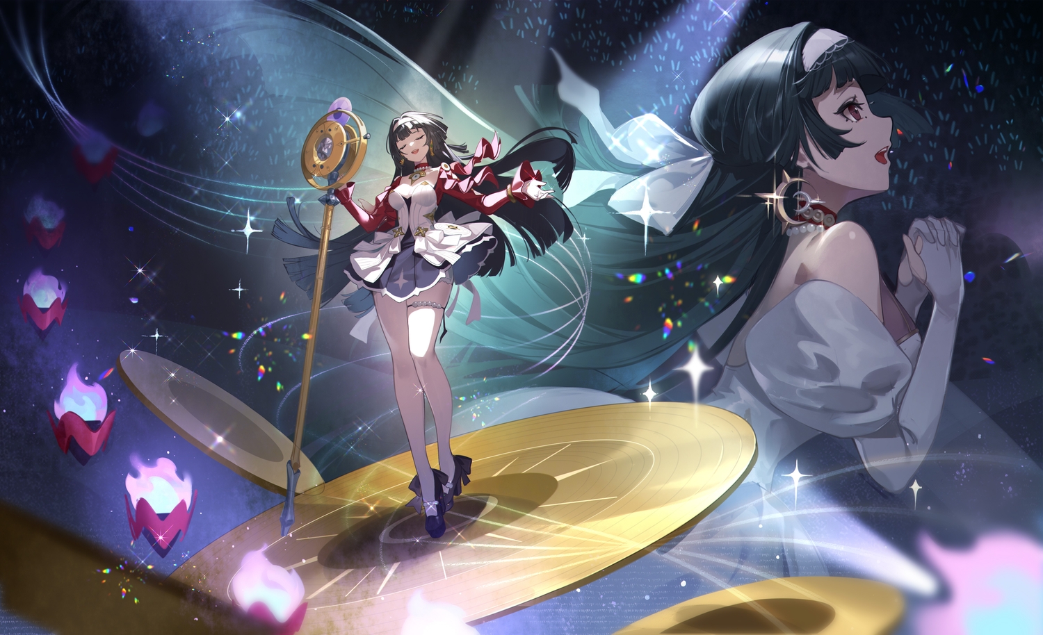astra_yao, black_hair, bow, breasts, choker, cleavage, dress, elbow_gloves