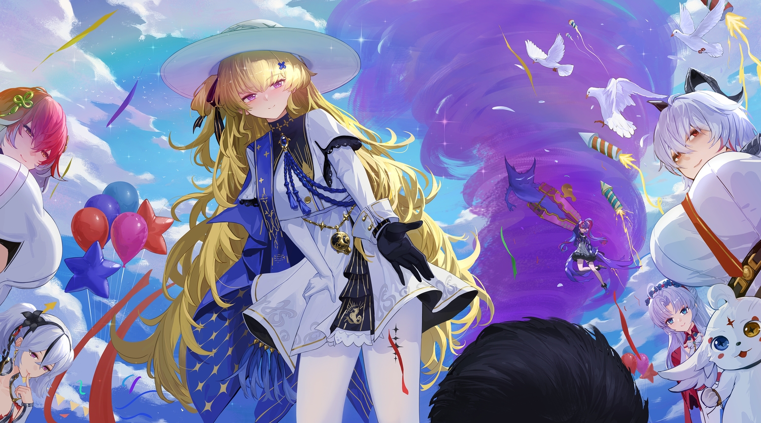 abby_(wuthering_waves), animal, aqua_eyes, bicolored_eyes, bird, black_hair, blonde_hair, bow, breasts, camellya_(wuthering_waves), carlotta_(wuthering_waves), cat_smile, changli_(wuthering_waves), clouds, dress, garter, gloves, gray_hair, group, hat, horns, long_hair, male, male_rover_(wuthering_waves), nick_laojiao, orange_eyes, pantyhose, pero_(wuthering_waves), phoebe_(wuthering_waves), pink_hair, purple_eyes, red_eyes, roccia_(wuthering_waves), shirt, sky, tie, twintails, wristwear, wuthering_waves, zani_(wuthering_waves)
