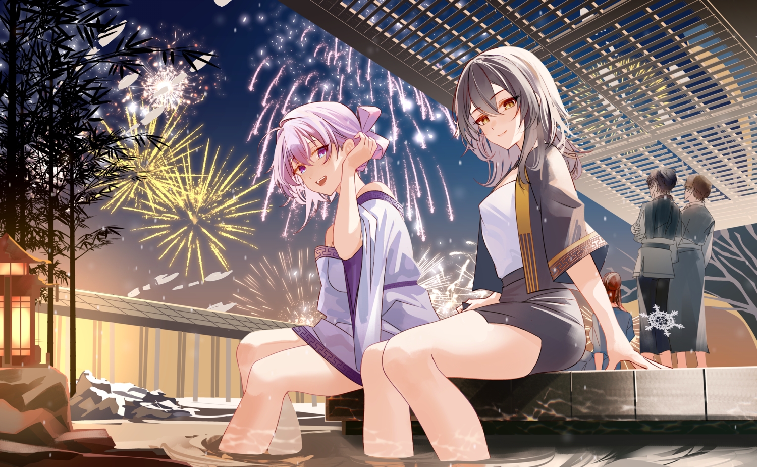 black_hair, blush, brown_eyes, brown_hair, dan_heng_(honkai:_star_rail), fireworks, glasses, gray_hair