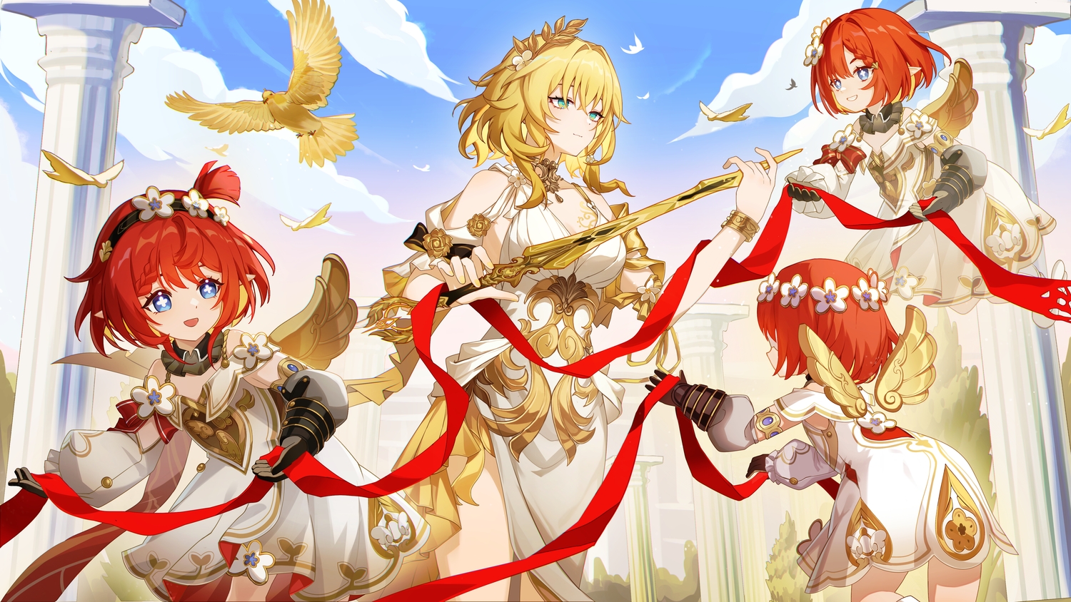 aglaea_(honkai:_star_rail), aliasing, animal, bird, blindfold, blonde_hair, blue_eyes, bow