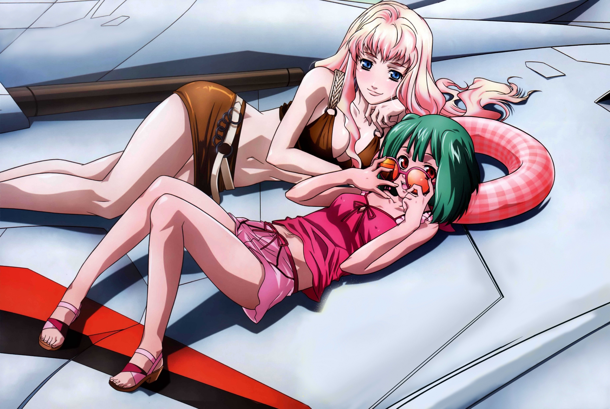 bikini, macross, macross_frontier, ranka_lee, sheryl_nome, swimsuit, yokota_mamoru