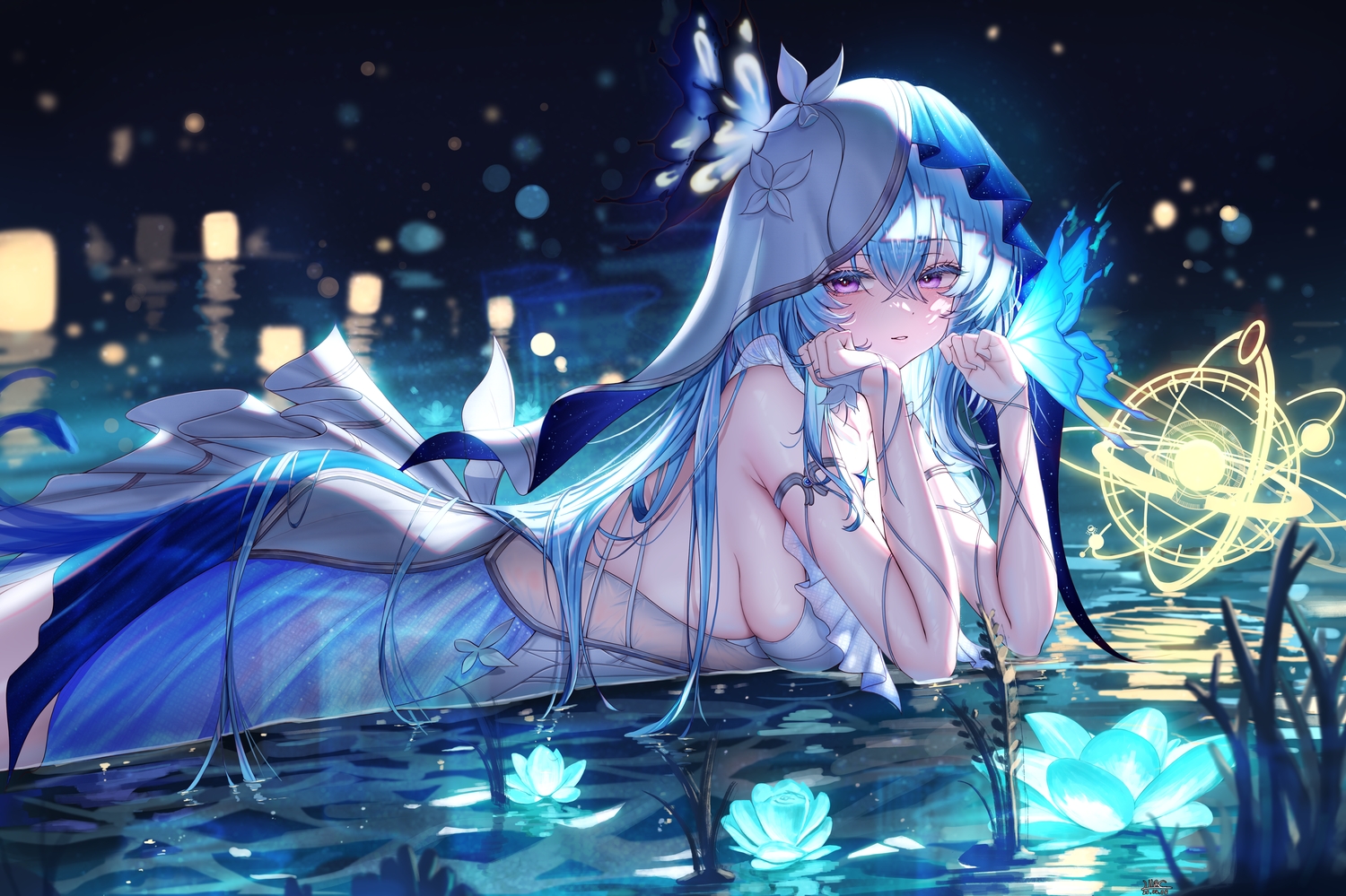 blue_hair, blush, breasts, butterfly, dress, flowers, grass, headdress, lilac_(k32420276), long_hair, magic, purple_eyes, shorekeeper_(wuthering_waves), water, wuthering_waves