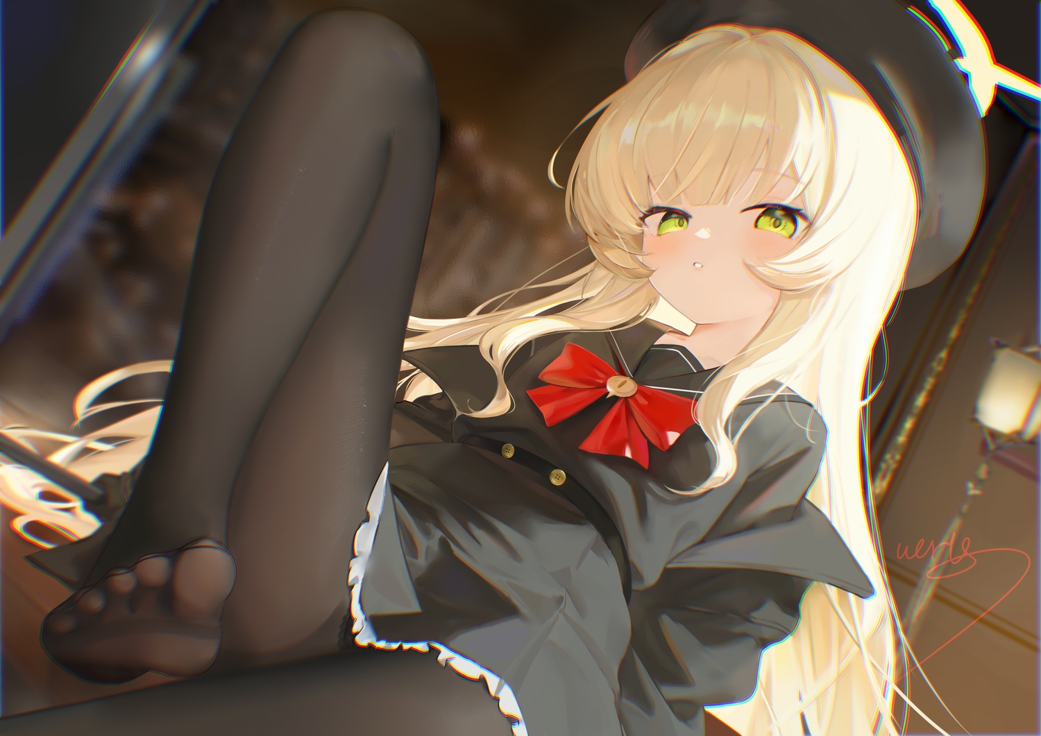 blonde_hair, blue_archive, bow, close, dress, green_eyes, halo, hat, loli, long_hair, night, pantyhose, professor_niyaniya_(blue_archive), school_uniform, signed, skirt, warig