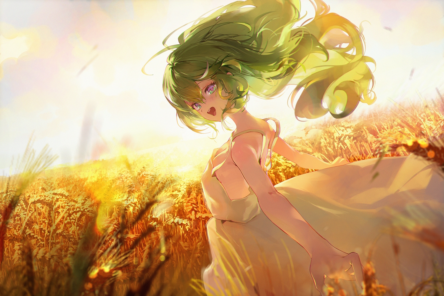 blush, breasts, cleavage, dotori_(seulseul), dress, grass, green_hair, long_hair