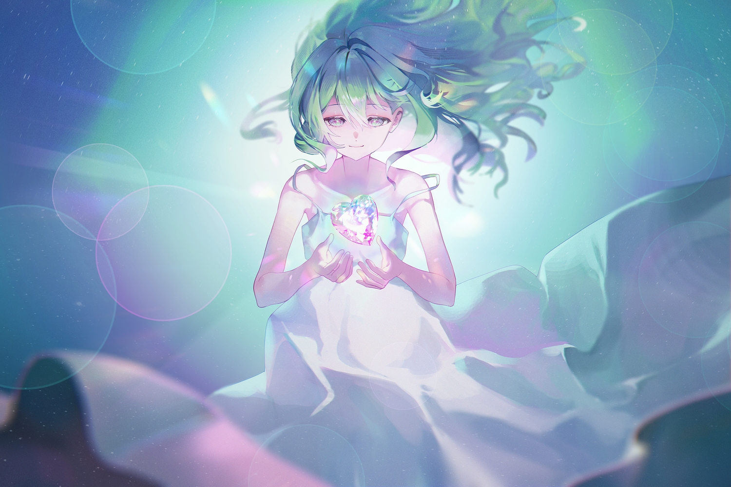 dotori_(seulseul), dress, green_hair, long_hair, purple_eyes, stellive, summer_dress, yuzuha_riko