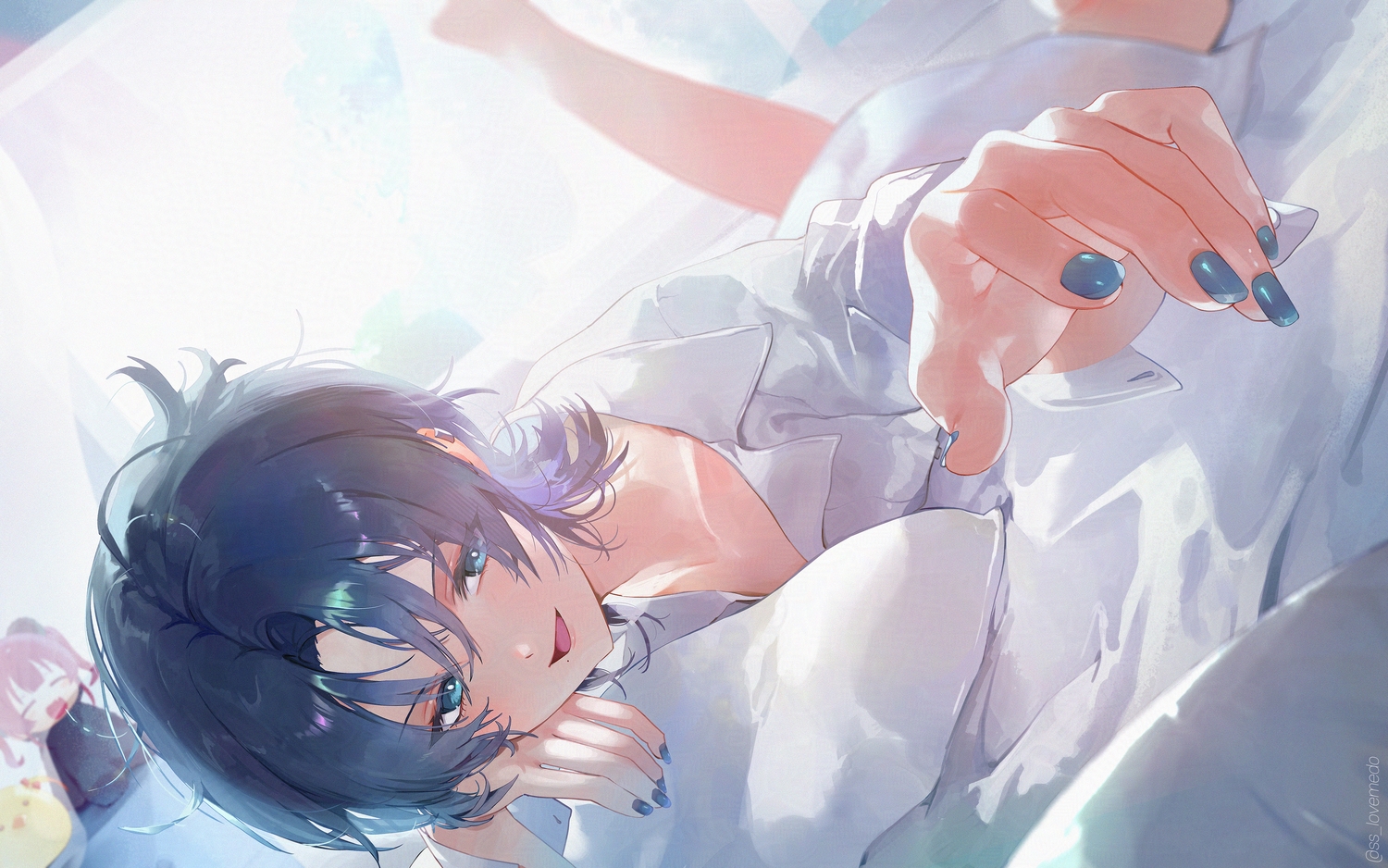 aqua_eyes, bed, blue_hair, chibi, close, dotori_(seulseul), hiodoshi_ao, hololive