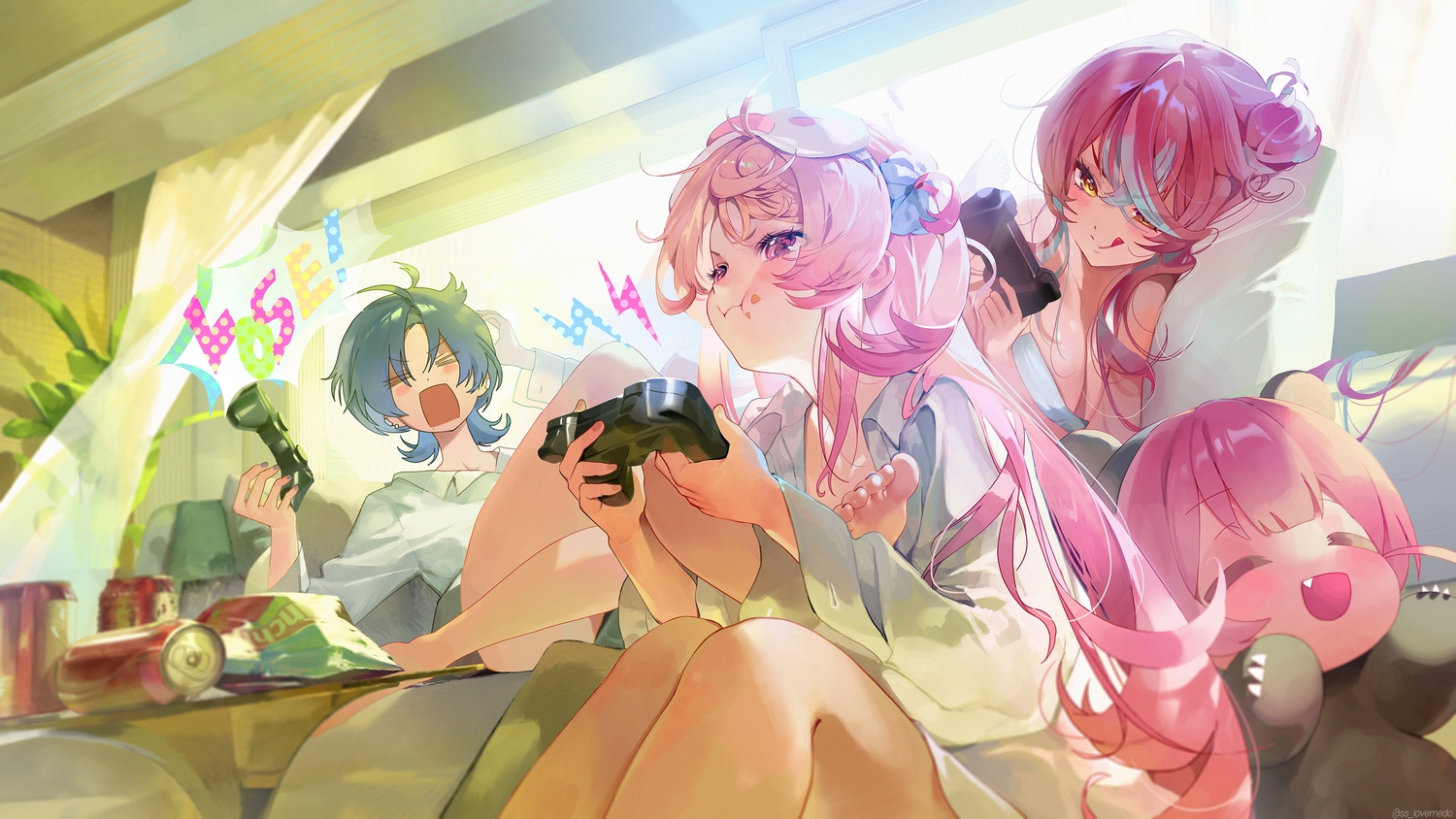animal_ears, barefoot, bicolored_eyes, blonde_hair, blue_hair, blush, breasts, chibi