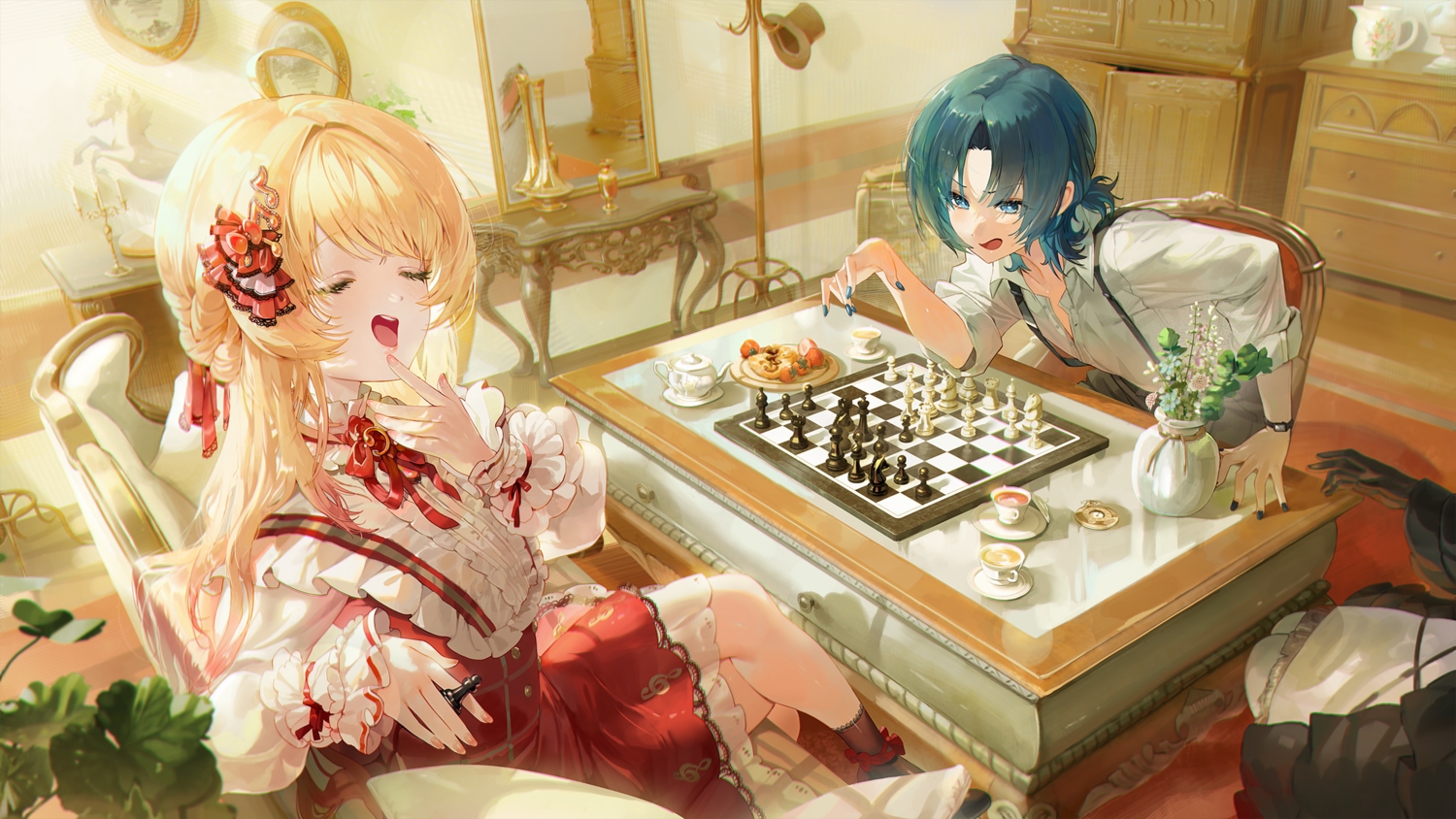 aqua_hair, blonde_hair, blue_eyes, blush, bow, braids, couch, dotori_(seulseul), dress, drink, food, fruit, gloves, goth-loli, hiodoshi_ao, hololive, juufuutei_raden, kneehighs, lolita_fashion, long_hair, mirror, otonose_kanade, ribbons, shirt, short_hair, strawberry, wristwear