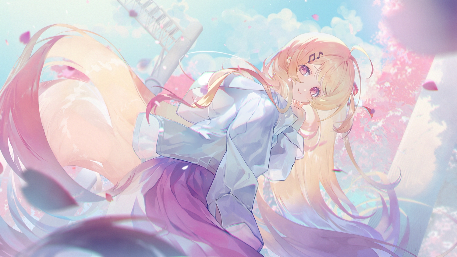 blonde_hair, clouds, dotori_(seulseul), flowers, hololive, long_hair, otonose_kanade, petals