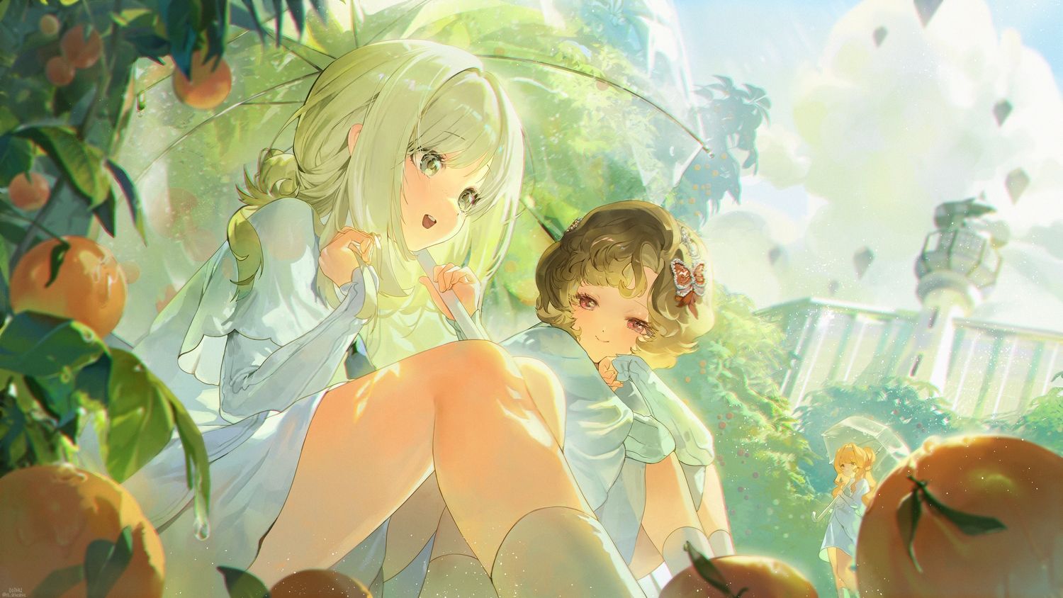 blush, brown_hair, building, clouds, dotori_(seulseul), dress, food, fruit