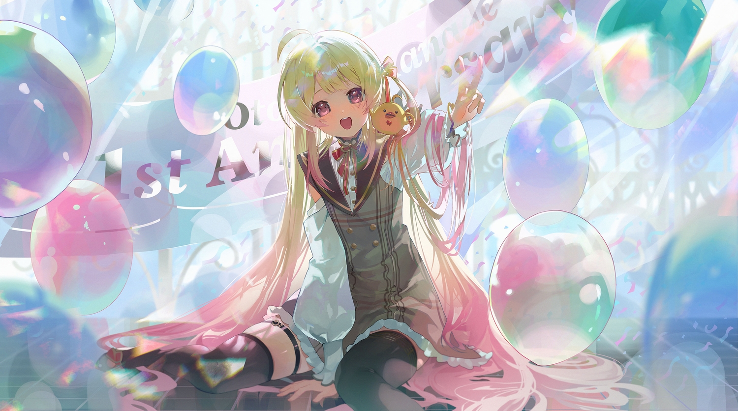 animal, bird, blonde_hair, blush, bow, dotori_(seulseul), dress, garter