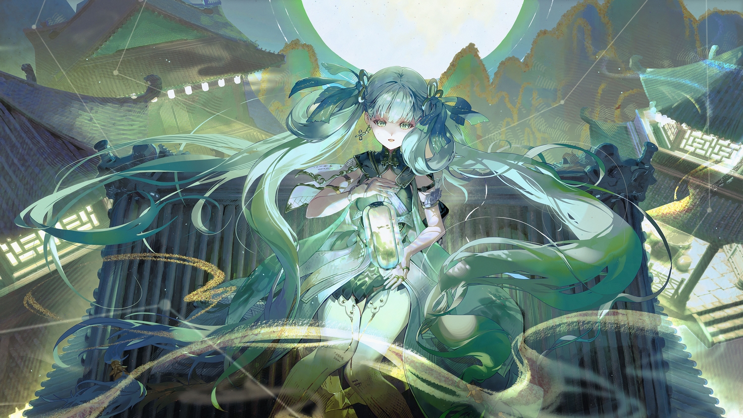 blush, building, chinese_clothes, dotori_(seulseul), dress, gray_eyes, gray_hair, green