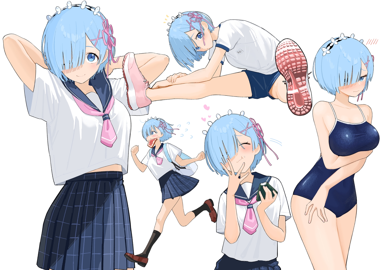 blue_eyes, blue_hair, blush, breast_hold, cat_smile, food, gym_uniform, headband