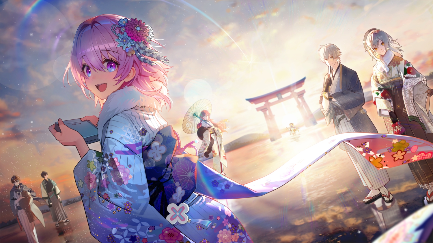 black_hair, bow, brown_hair, caelus_(honkai:_star_rail), camera, clouds, dan_heng_(honkai:_star_rail), fan