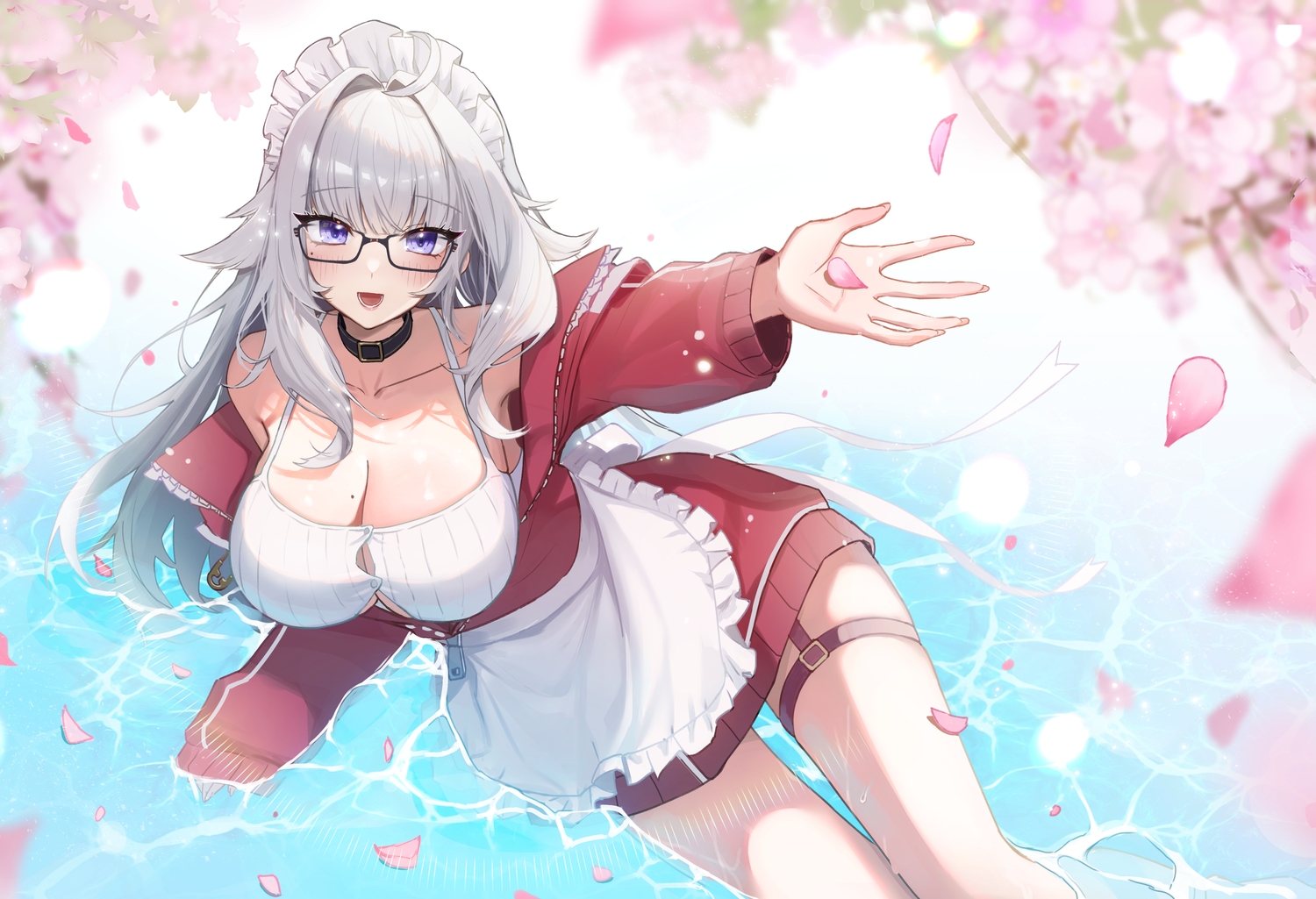 apron, breasts, cherry_blossoms, cleavage, collar, ember_amane, flowers, garter