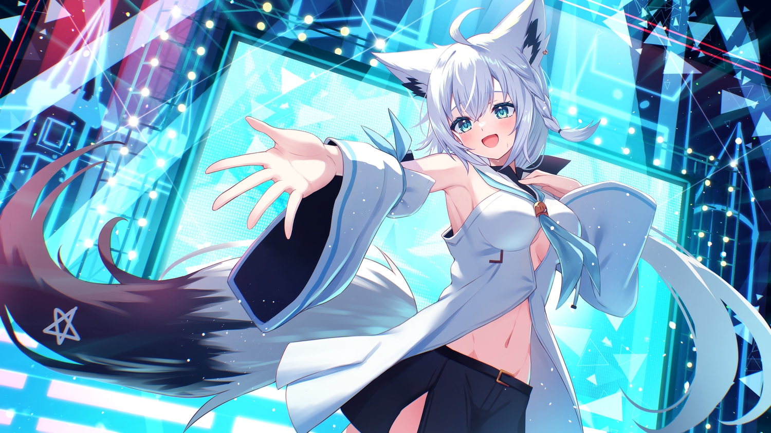animal_ears, aqua_eyes, blush, braids, breasts, foxgirl, gray_hair, hololive