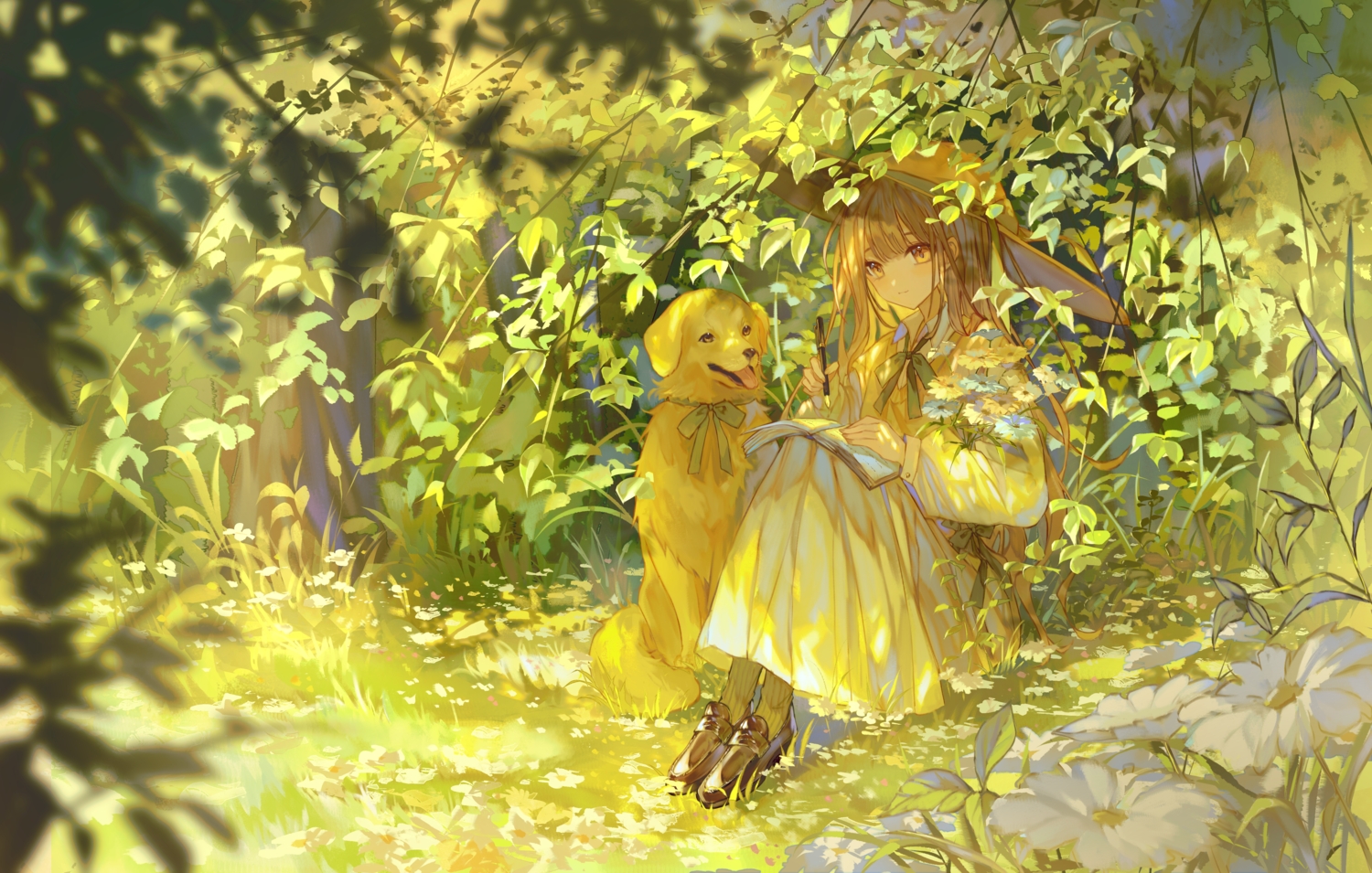 animal, book, bow, brown_hair, dog, dress, flowers, grass, hat, leaves, long_hair, orange_eyes, original, ribbons, shade, signed, socks, sumi_0525, tree