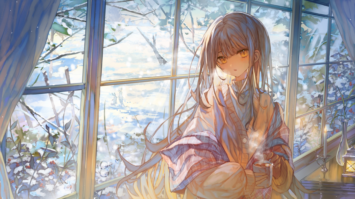 animal, brown_hair, drink, leaves, long_hair, original, rabbit, snow