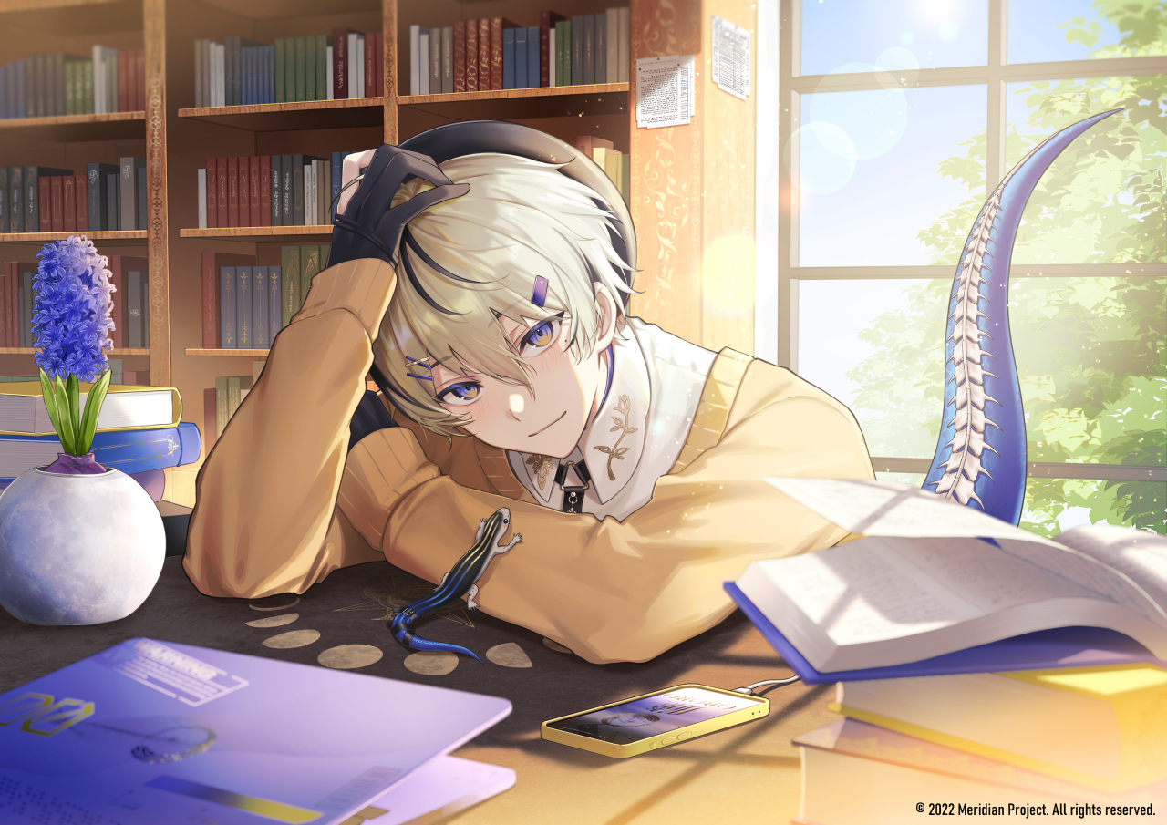 aliasing, all_male, animal, blonde_hair, blush, book, flowers, gloves