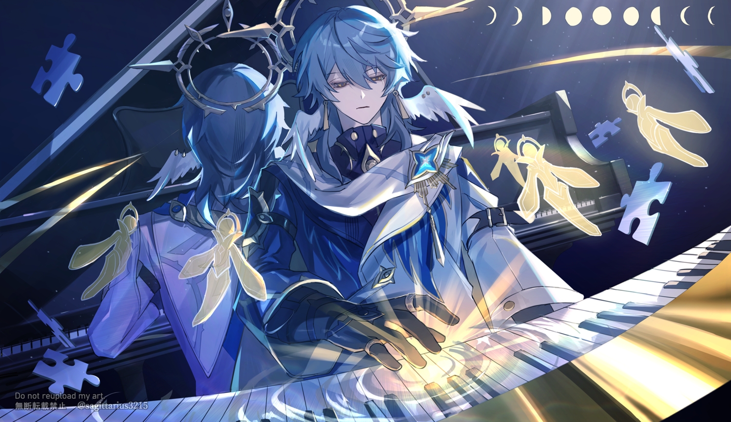 all_male, blue_hair, cape, gloves, halo, honkai_(series), honkai:_star_rail, instrument, kukatsuma, magic, male, piano, sunday_(honkai:_star_rail), watermark, wings, yellow_eyes