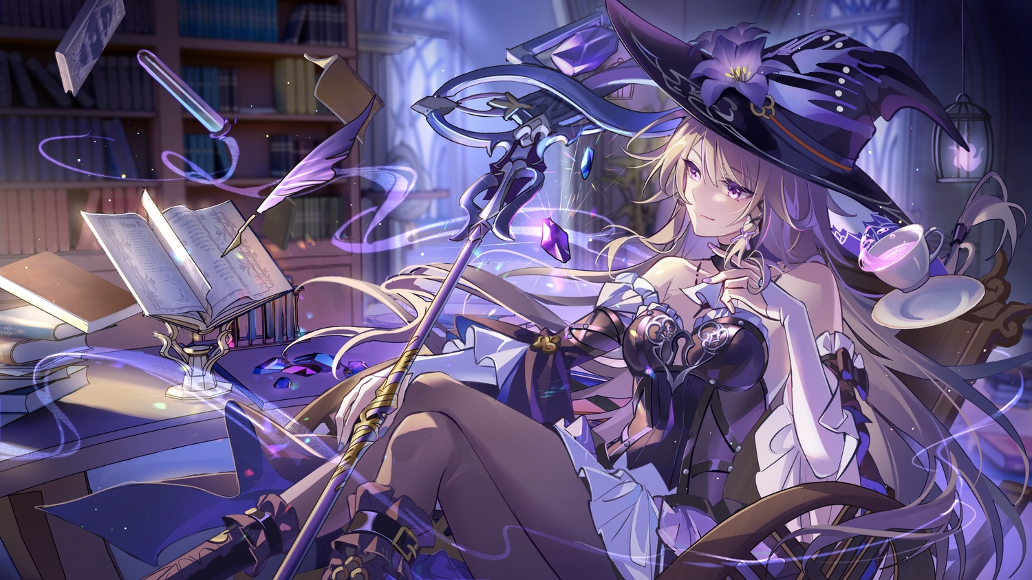 book, boots, brown_hair, choker, dress, drink, hat, herta_(honkai:_star_rail)