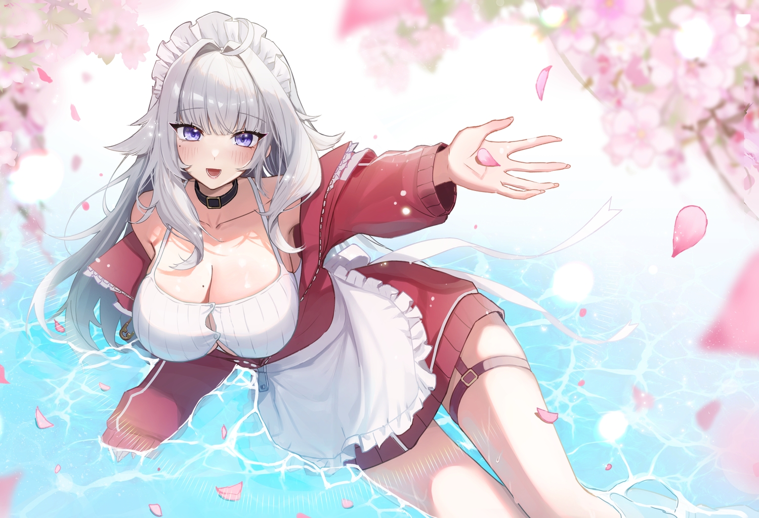 apron, breasts, cherry_blossoms, cleavage, collar, ember_amane, flowers, garter, gray_hair, headdress, hovaku, long_hair, petals, phase_connect, purple_eyes, ribbons, water