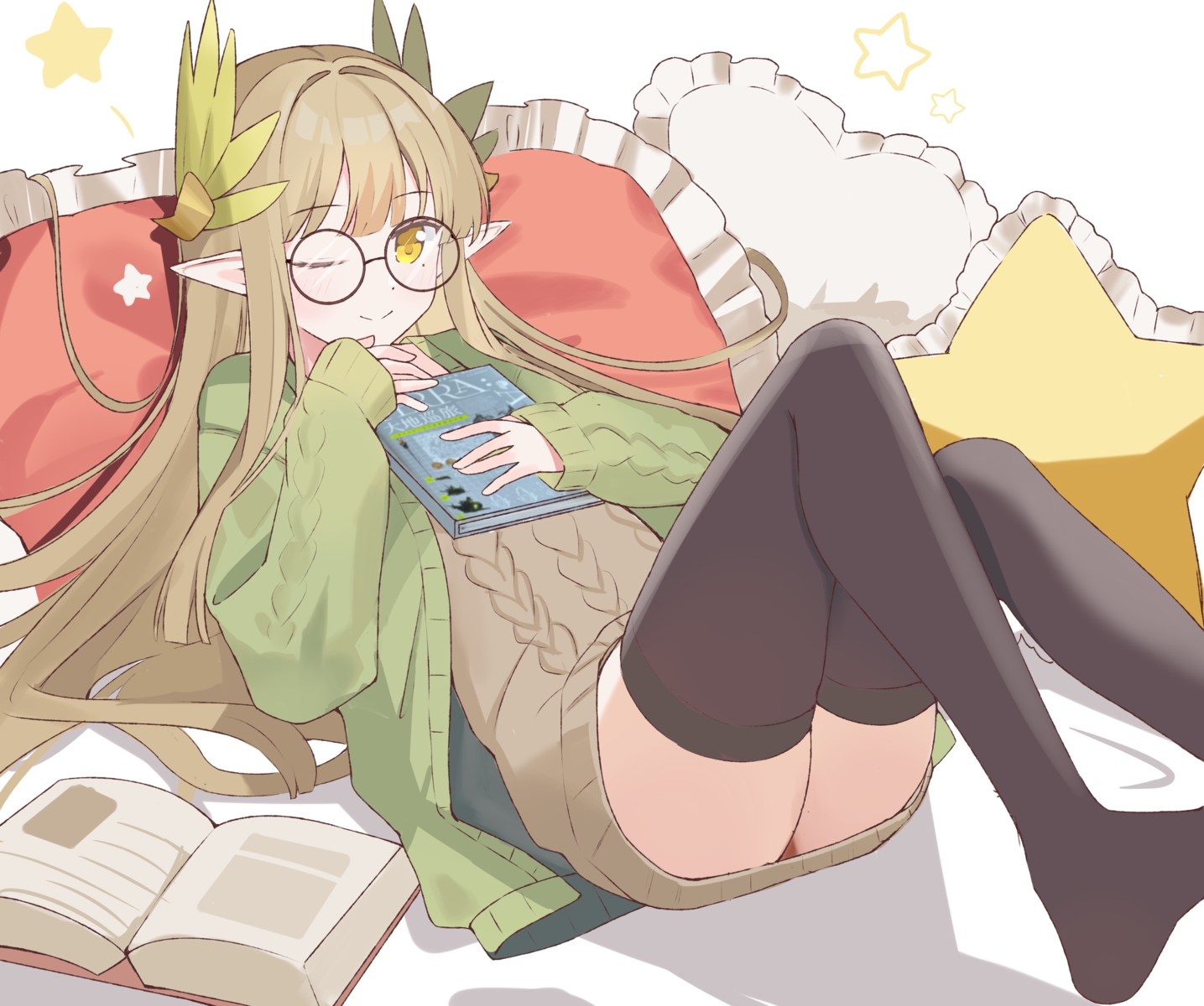 arknights, bed, blush, book, brown_hair, dress, glasses, long_hair, muelsyse_(arknights), pointed_ears, shichimiyagin, thighhighs, wink, yellow_eyes