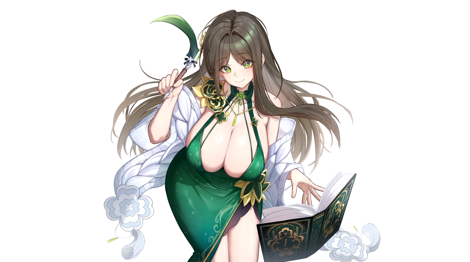 black_survival, book, breasts, brown_hair, cleavage, cropped, dress, eternal_return:_black_survival, green_eyes, gweon_sua, long_hair, necklace, third-party_edit, white, yuon_6262