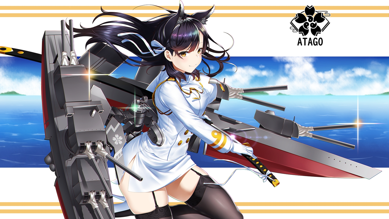 animal_ears, anthropomorphism, atago_(azur_lane), azur_lane, black_hair, breasts, brown_eyes, clouds