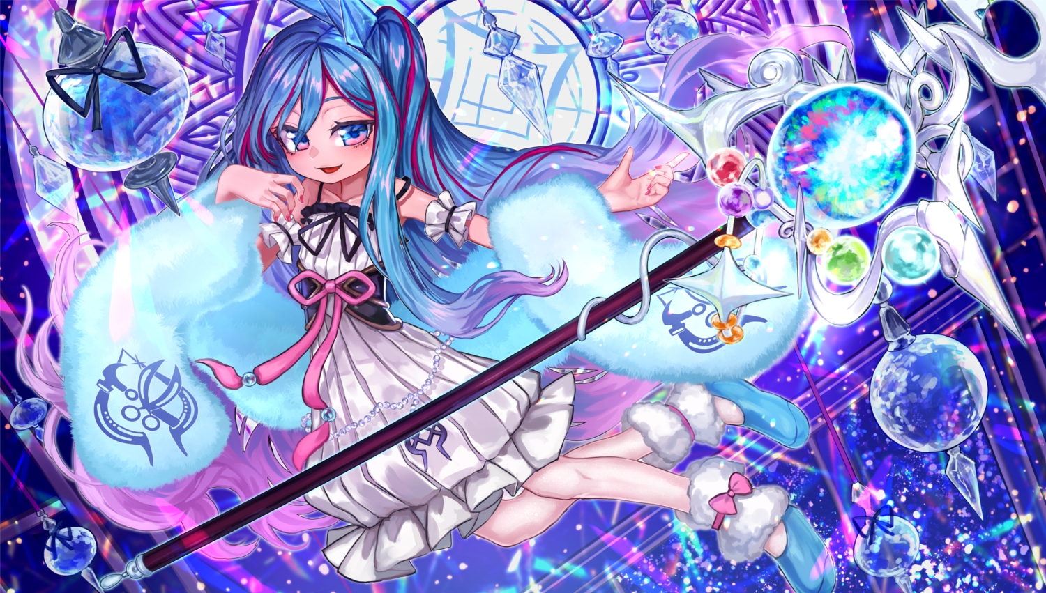 blue_eyes, blue_hair, bow, corset, dress, fuji_tarawi, loli, long_hair, ponytail, staff, witchcrafter_madame_verre, yu-gi-oh