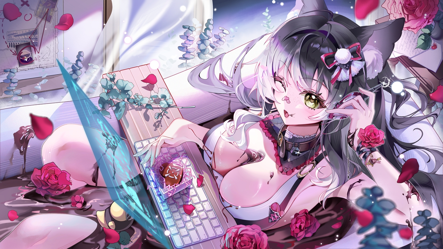 aliasing, animal_ears, bath, bathtub, black_hair, blush, breasts, chocolate