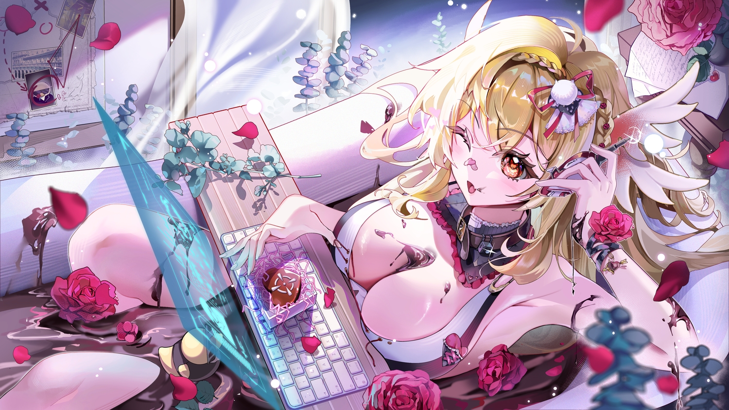 aliasing, bath, bathtub, blonde_hair, blush, braids, breasts, chocolate