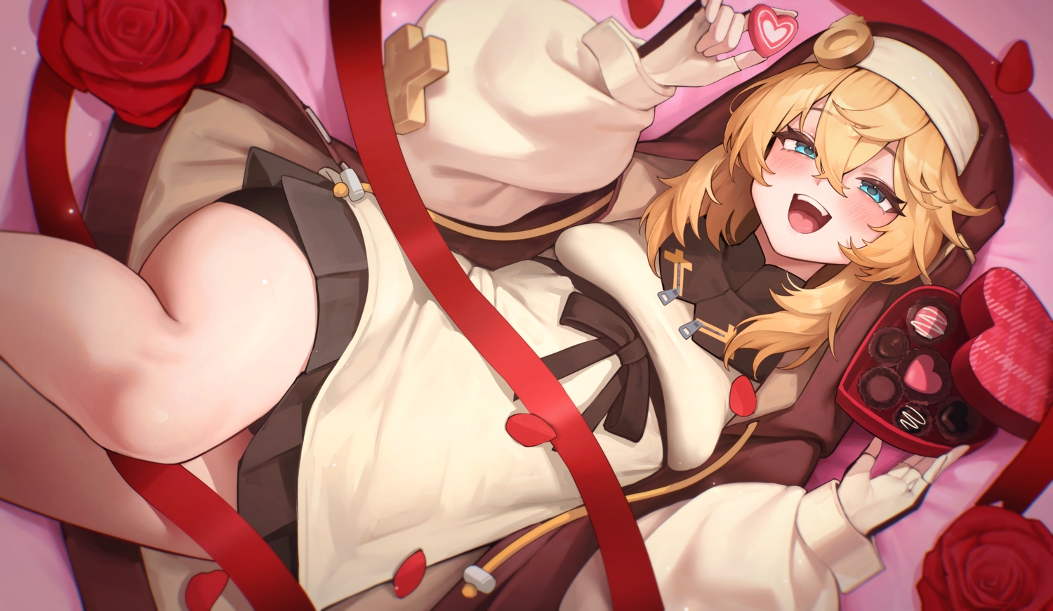 all_male, aqua_eyes, blonde_hair, blush, bow, bridget, candy, chocolate