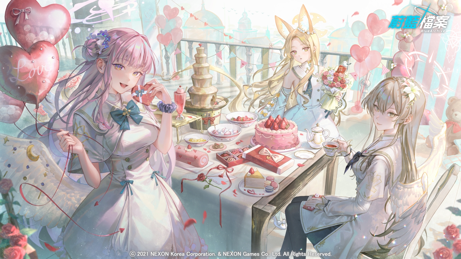 animal_ears, blonde_hair, blue_archive, bow, brown_eyes, brown_hair, cake, cape, dress, drink, flowers, food, foxgirl, fruit, halo, kirifuji_nagisa, logo, long_hair, misono_mika, pantyhose, petals, pink_hair, rose, strawberry, tamaki_(tamaki599), valentine, wings, yellow_eyes, yurizono_seia