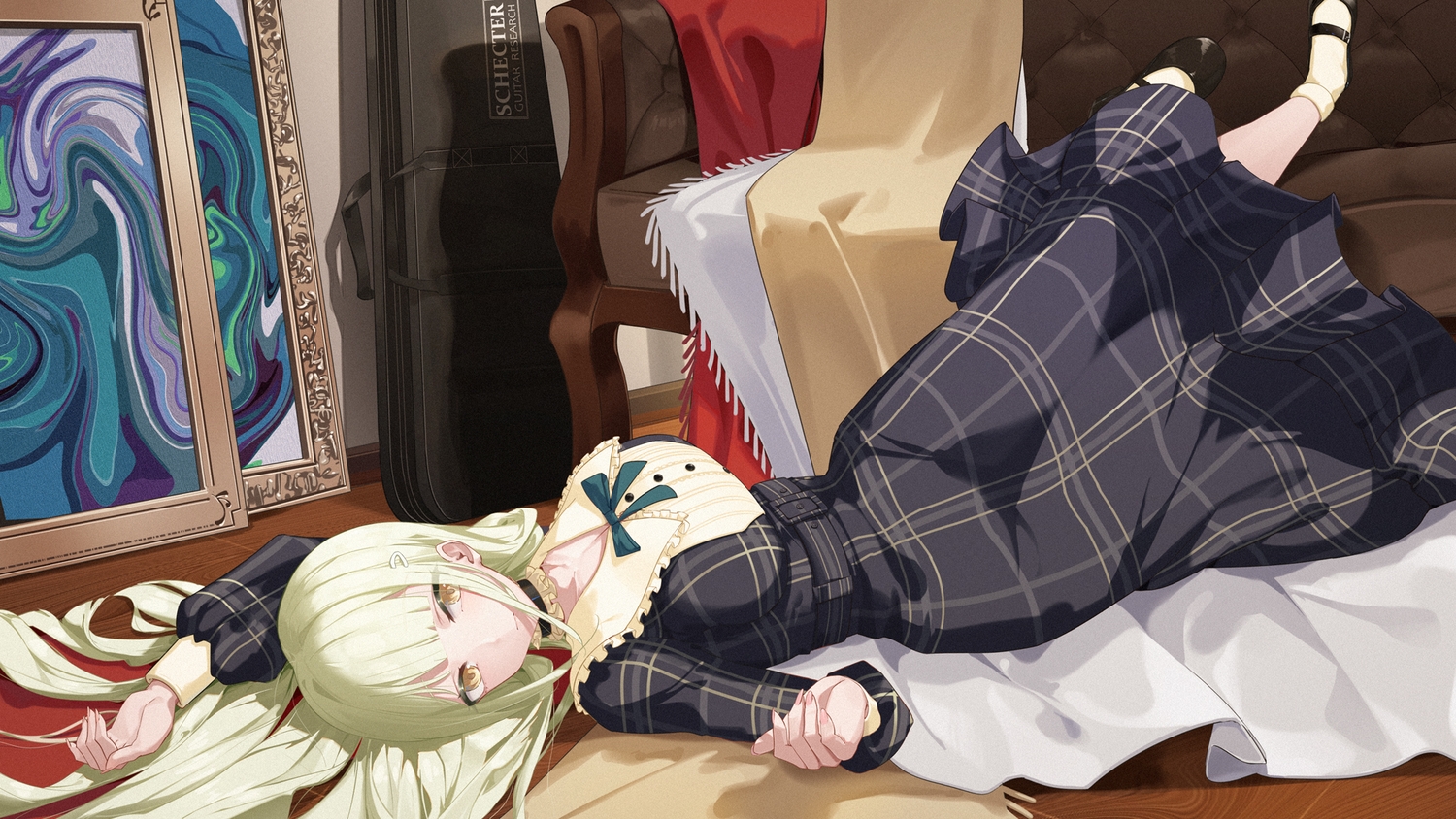 bang_dream!, bow, breasts, cleavage, couch, dress, green_hair, lilin_(pixiv_25958194)