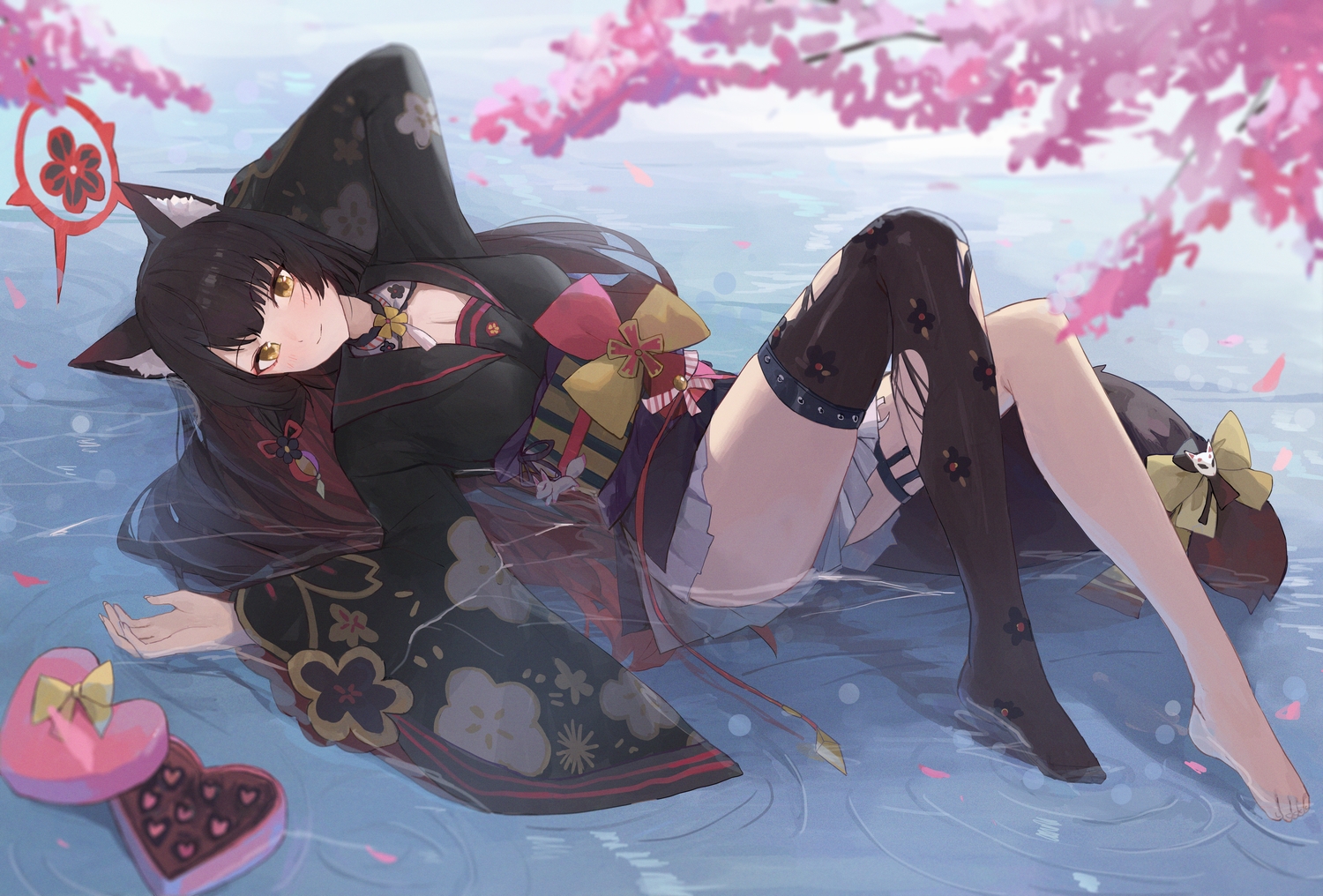 animal_ears, barefoot, black_hair, blue_archive, blush, bow, breasts, candy, chocolate, cleavage, flowers, foxgirl, garter, halo, japanese_clothes, jianjia, kimono, kosaka_wakamo, long_hair, petals, skirt, tail, thighhighs, torn_clothes, valentine, yellow_eyes
