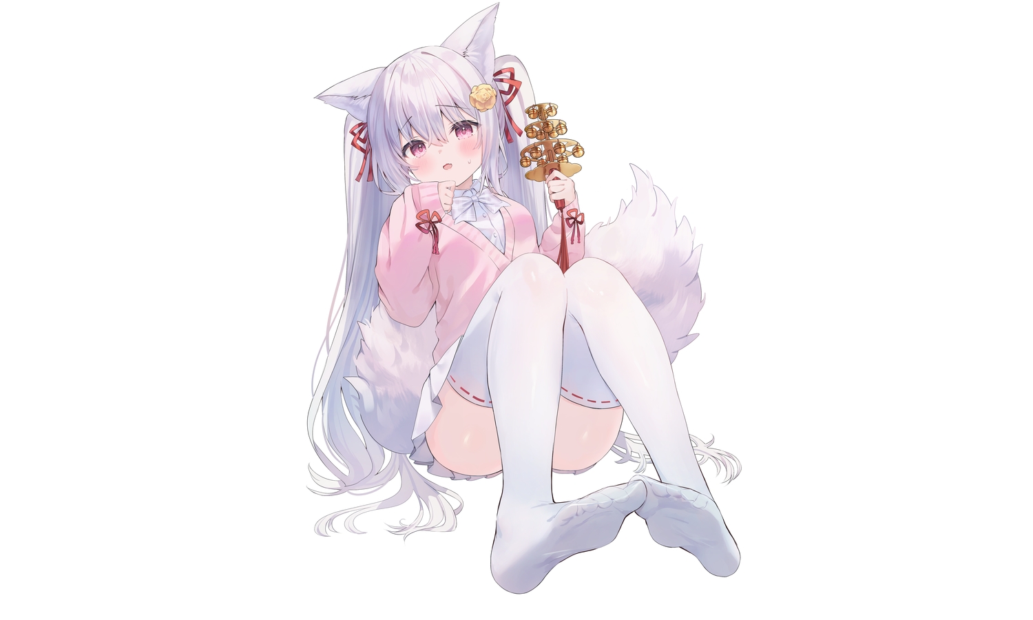 animal_ears, bell, blush, bow, cat_smile, fang, foxgirl, gray_hair, inari_hinano, long_hair, pink_eyes, rucaco, school_uniform, skirt, tail, thighhighs, third-party_edit, twintails, wand, white