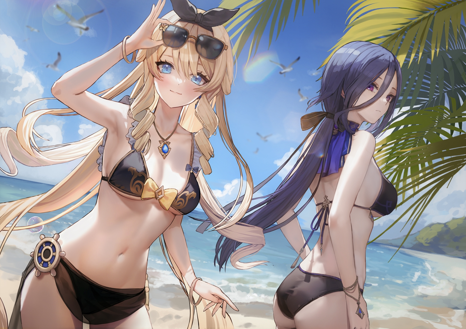 2girls, animal, ass, beach, bikini, bird, blonde_hair, blue_eyes