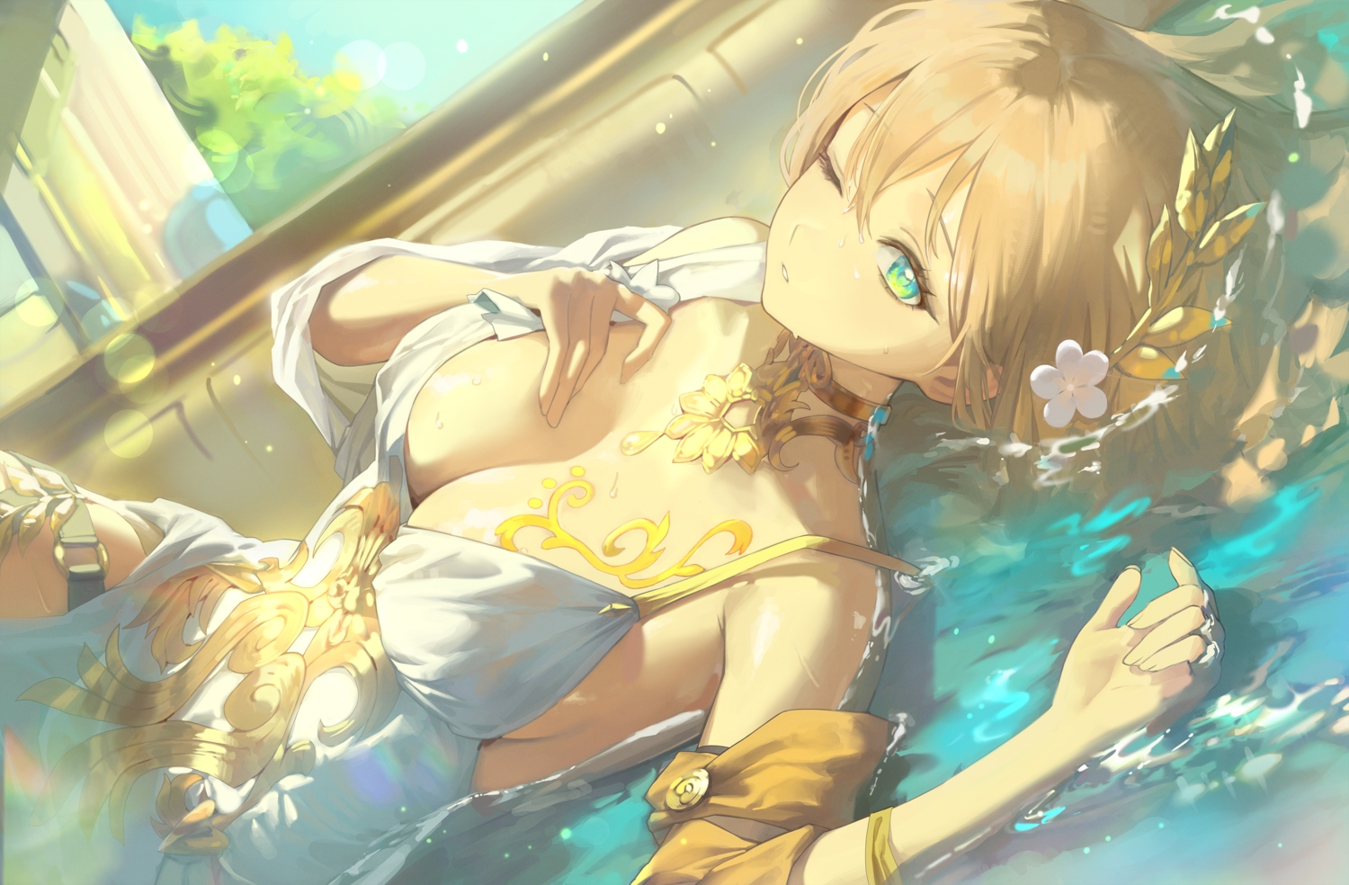 aglaea_(honkai:_star_rail), aqua_eyes, blonde_hair, breast_hold, breasts, choker, cleavage, dress