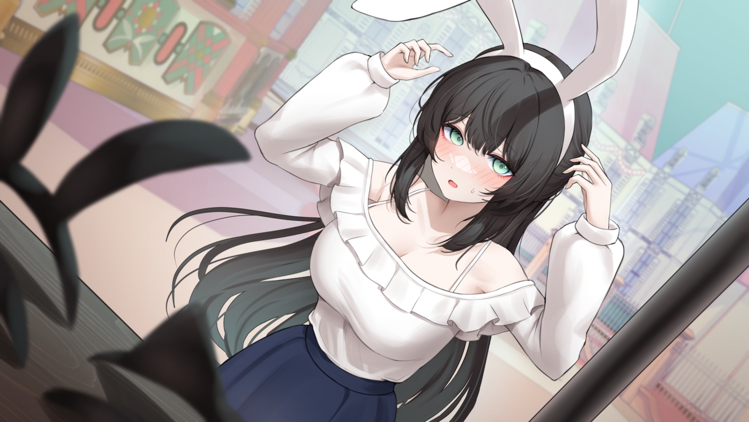 animal_ears, black_hair, blush, breasts, bunny_ears, cleavage, erbium, green_eyes, headband, long_hair, original, skirt