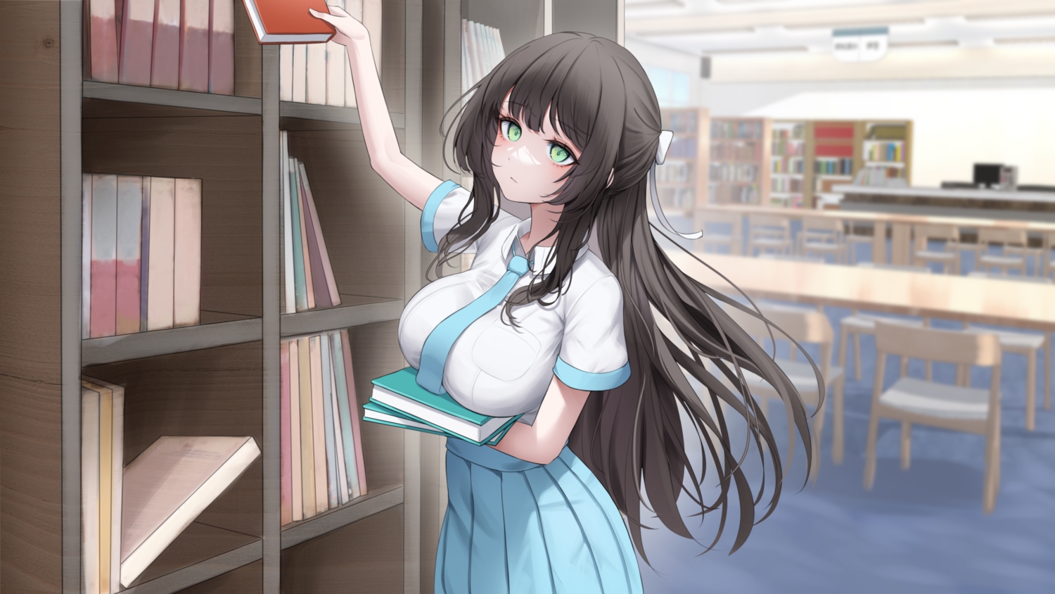 black_hair, book, bow, breast_hold, breasts, erbium, green_eyes, long_hair, original, school_uniform, shirt, skirt, tie