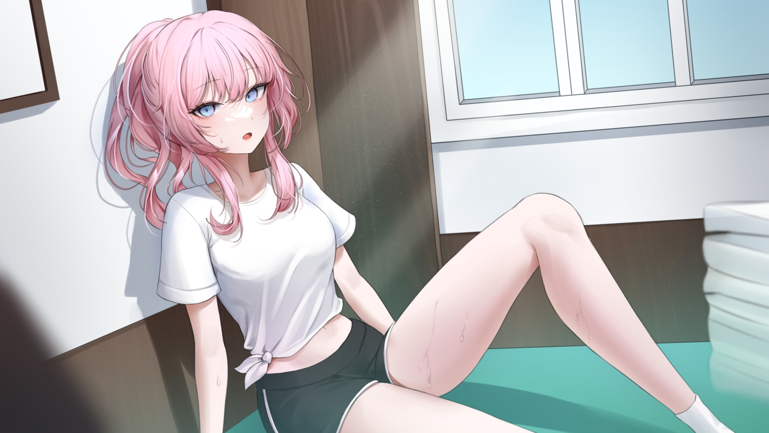 blue_eyes, erbium, long_hair, navel, original, pink_hair, ponytail, shirt
