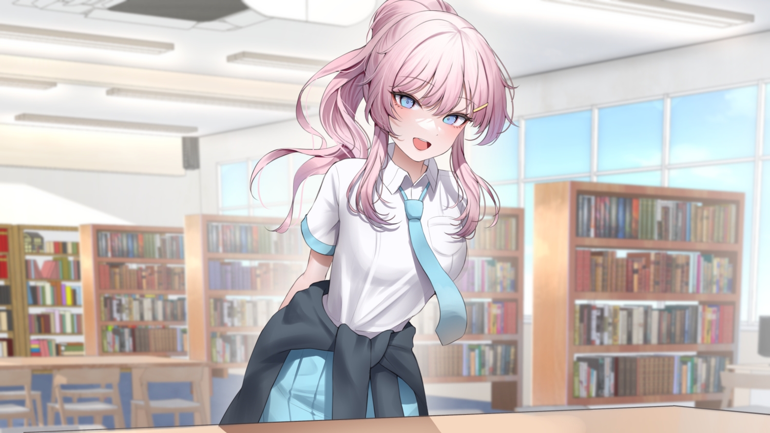 blue_eyes, book, clouds, erbium, long_hair, original, pink_hair, ponytail