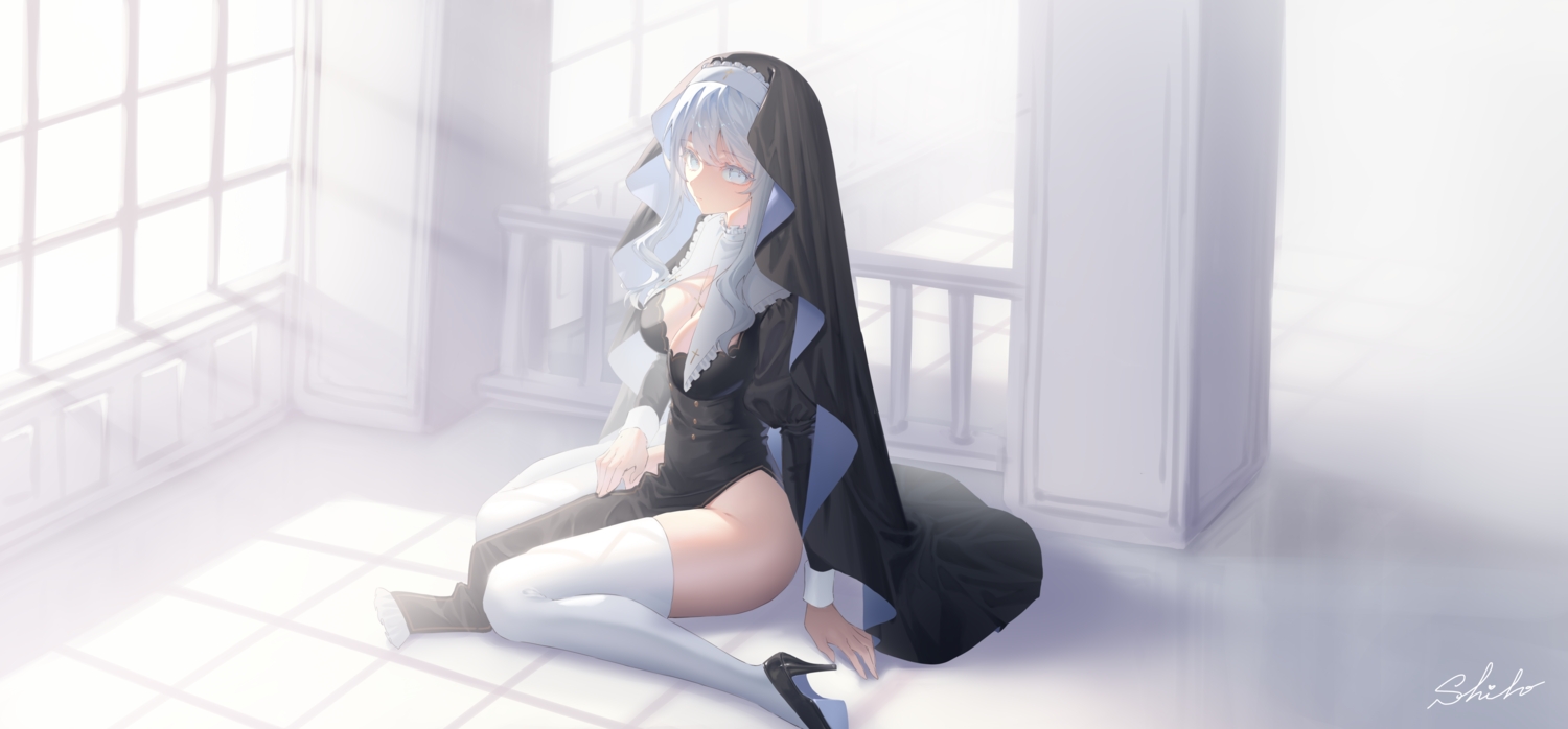 breasts, cleavage, cross, gray_eyes, gray_hair, headdress, long_hair, necklace, nun, sakura_shiho_(shihoncake), signed, silvia_sugarless, tama_project, thighhighs