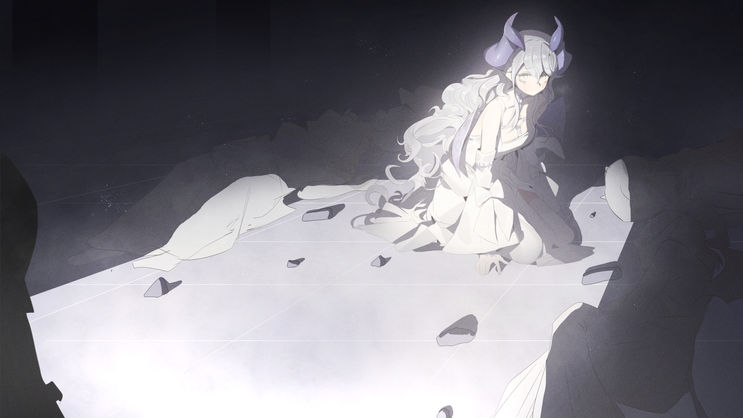 2girls, demon, dress, gray_eyes, gray_hair, horns, long_hair, lovely_labrynth_of_the_silver_castle