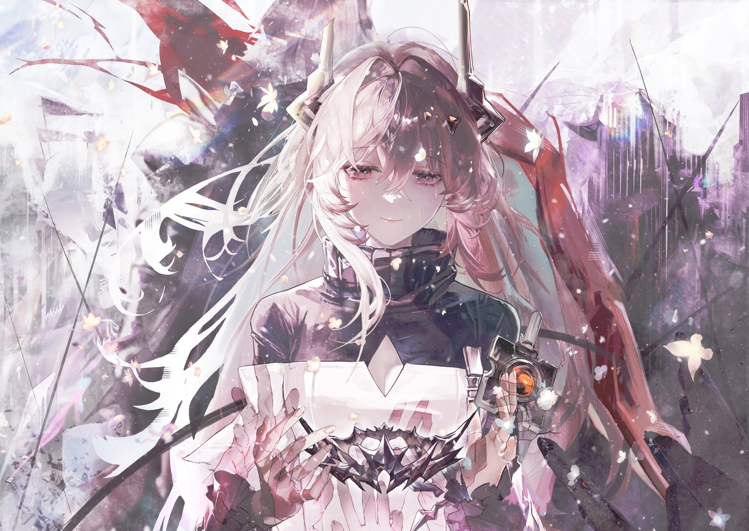 arknights, breasts, butterfly, cleavage, crown, crying, flowers, horns, jin_sumire, long_hair, male, pink_eyes, pink_hair, short_hair, tears, theresa_(arknights), theresis_(arknights)