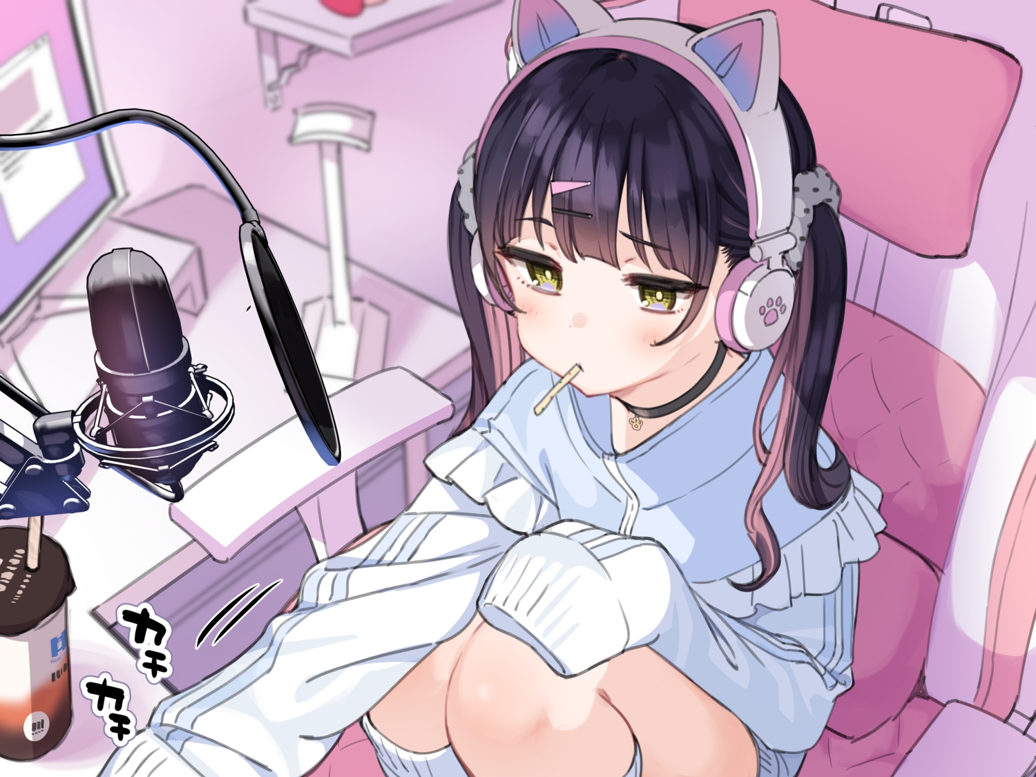 animal_ears, black_hair, blush, choker, computer, drink, food, green_eyes