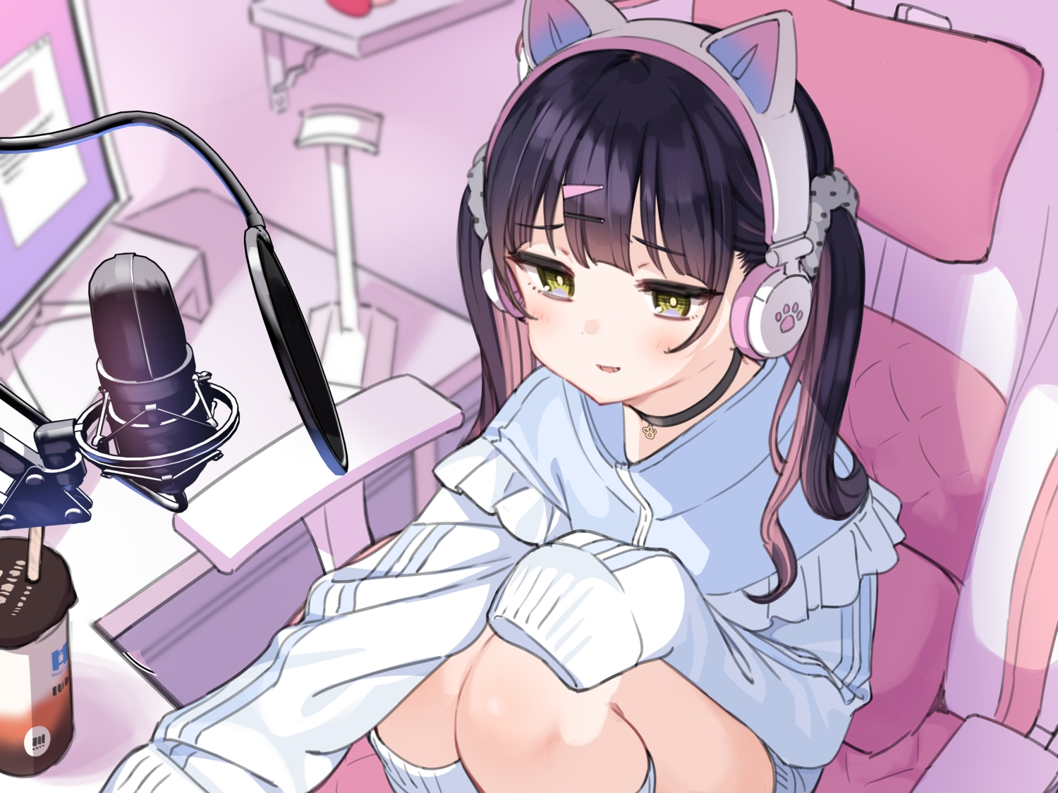 animal_ears, black_hair, blush, choker, computer, drink, green_eyes, headphones