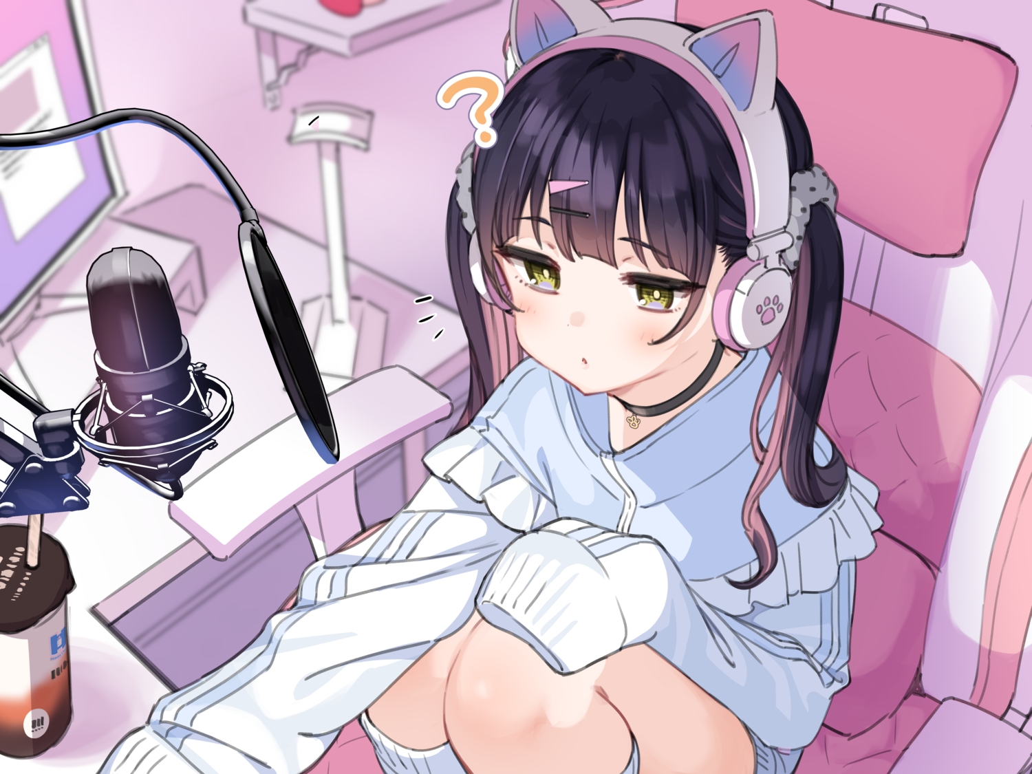 animal_ears, black_hair, blush, choker, computer, drink, green_eyes, headphones